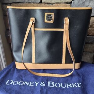 DOONEY & BOURKE Black and Tan Cynthia Tote Bag Crossgrain Leather with Dust Bag